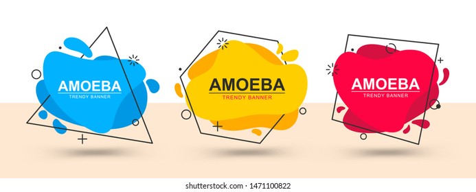 Set of trendy bright banners blue, yellow and red color. Vector banners in the style of memphis. Template ready for use in web or print design. Liquid flat design element.