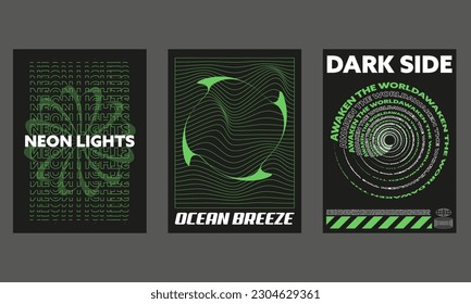 Set von trendigen brutalistischen Poster. Abstrakte, moderne Cover. Futuristische Kunstwerke.Design für Typografie, Streetwear, T-Shirt, Hoodie, Prints oder Merch. Vektorgrafik