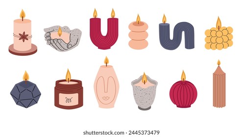 A set of trendy candles of various shapes and colors. Aroma candles in scandinavian style - collection on white background.