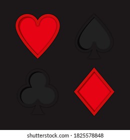 Juego de trajes de cartas de moda con sombras y efecto 3d.  Símbolos de cartas de juego negros y rojos para póquer y casino en línea. Elementos vectoriales aislados para aplicaciones y sitios web. 