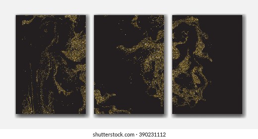 Set of the trendy card templates with gold glitter marble texture.