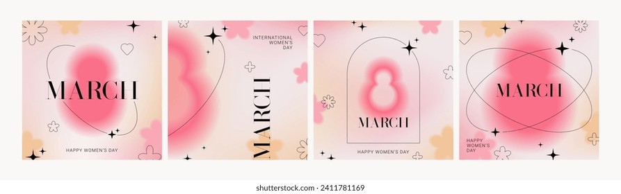 Juego de tarjetas de moda para el 8 de marzo. Carteles del Día Internacional de la Mujer. Ilustración vectorial creativa de estilo Y2k con elementos estéticos borrosos y formas lineales. Diseño minimalista para fiesta, anuncios, portada.