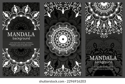 Juego de tarjetas de moda con la imagen de una mandala circular para imprimir, afiche, portada, folleto, volante, banner. Estilo árabe islámico oriental. Estilo del tatuaje del vector Henna