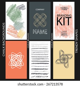 Set of trendy cards and logotypes. Hand Drawn textures and brushes made with pastel chalk. Brand logo concept and style creation set.