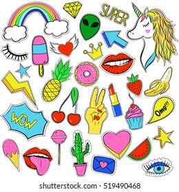 Set of trendy cartoon style patches. Retro fashion elements, stickers and pins in 90s style. Bright vector clip art collection.