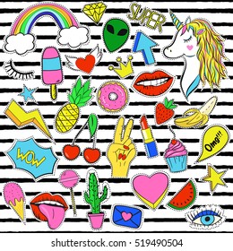 Set of trendy cartoon style patches. Retro fashion elements, stickers and pins in 90s style. Bright vector clip art collection on striped background.