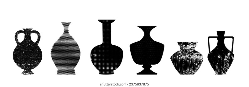 A set of trendy ceramics vases with halftone textures. Grunge background with dots. Vector contemporary illustration with cut out elements. 