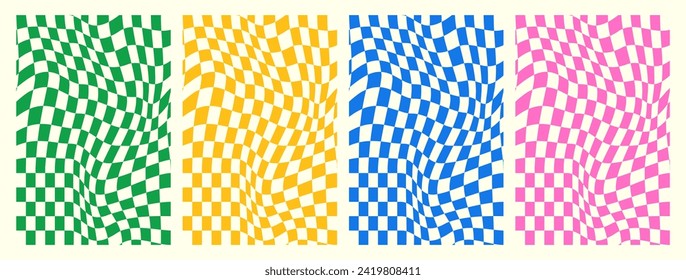 Set of trendy checkered seamless pattern in groovy style. Distorted geometric square background in vintage psychedelic y2k style in pink, green, blue and yellow colors.