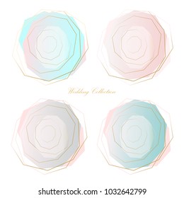 Set of Trendy Chic pastel colored Crystals with Gold geometric shapes. Abstract decoration elements for wedding invitation cards, fashion headers, posters, artistic backgrounds. Vector