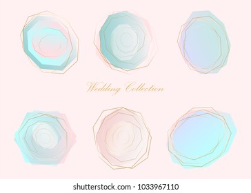 Conjunto de cristales de colores pastel chic de moda con formas geométricas de oro. Elementos decorativos abstractos para tarjetas de invitación a boda, encabezados de moda, carteles, fondos artísticos. Vector