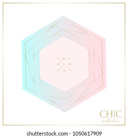 Set of Trendy Chic pastel colored cards with Gold geometric shapes. Abstract unusual textures for wedding invitation cards, business cards, fashion headers, posters, artistic backgrounds. Vector