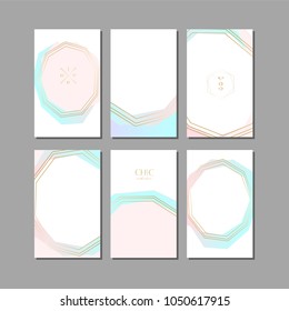 Set of Trendy Chic pastel colored cards with Gold geometric shapes. Abstract unusual textures for wedding invitation cards, business cards, fashion headers, posters, artistic backgrounds. Vector