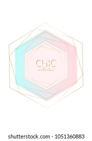 Set of Trendy Chic pastel colored cards with Gold geometric shapes. Abstract unusual textures for wedding invitation cards, business cards, fashion headers, posters, artistic backgrounds. Vector