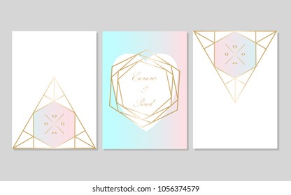 Set of Trendy Chic pastel colored cards with Gold geometric shapes. Abstract unusual textures for wedding invitation cards, business cards, fashion headers, posters, artistic backgrounds. Vector