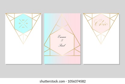 Set of Trendy Chic pastel colored cards with Gold geometric shapes. Abstract unusual textures for wedding invitation cards, business cards, fashion headers, posters, artistic backgrounds. Vector