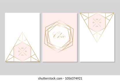 Set of Trendy Chic pastel colored cards with Gold geometric shapes. Abstract unusual textures for wedding invitation cards, business cards, fashion headers, posters, artistic backgrounds. Vector