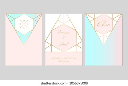 Set of Trendy Chic pastel colored cards with Gold geometric shapes. Abstract unusual textures for wedding invitation cards, business cards, fashion headers, posters, artistic backgrounds. Vector