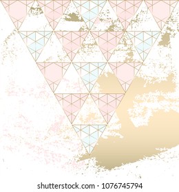 Set of Trendy Chic pastel colored cards with Gold geometric shapes. Abstract unusual worn textures for wedding invitation cards, business cards, fashion headers, posters, artistic backgrounds. Vector