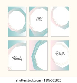 Set of Trendy Chic pastel colored cards with Gold geometric shapes. Abstract unusual textures for wedding invitation cards, business cards, fashion headers, posters, artistic backgrounds. Vector