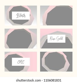Set of Trendy Chic pastel colored cards with Gold geometric shapes. Abstract unusual textures for wedding invitation cards, business cards, fashion headers, posters, artistic backgrounds. Vector