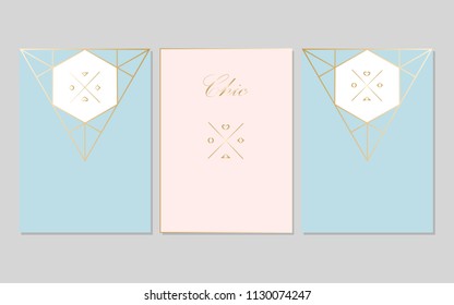 Set of Trendy Chic pastel colored cards with Gold geometric shapes. Abstract unusual textures for wedding invitation cards, business cards, fashion headers, posters, artistic backgrounds. Vector