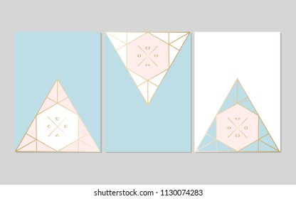 Set of Trendy Chic pastel colored cards with Gold geometric shapes. Abstract unusual textures for wedding invitation cards, business cards, fashion headers, posters, artistic backgrounds. Vector