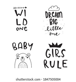 Set of Trendy childish print designs. Vector set of kids illustrations for poster, card, baby shower decoration.