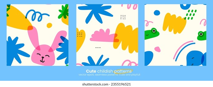 Set of trendy children's patterns with animals. and natural objects. Bright colors with an overlay. Drawing with marker or riso print. Vector contemporary illustration in pink and blue and yellow  