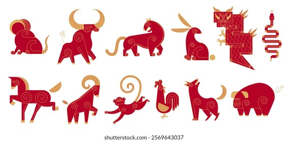 Set Trendy Chinese new year horoscope abstract red and gold geometric animals flat simple minimalist local style. Chinese zodiac calendar logo, Asian lunar astrological signs