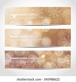 Set of trendy Christmas beige vector banners template or website headers with abstract bokeh lights and snowflakes background. Vector design illustration EPS10