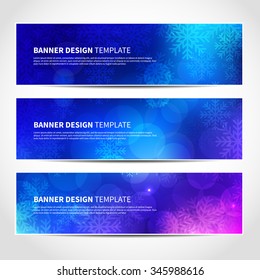Set of trendy Christmas blue vector banners template or website headers with abstract bokeh lights and snowflakes background. Vector design illustration EPS10