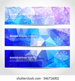 Set of trendy Christmas blue vector banners template or website headers with abstract geometric background and snowflakes. Vector design illustration EPS10