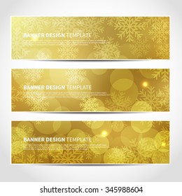 Set of trendy Christmas gold vector banners template or website headers with abstract bokeh lights and snowflakes background. Vector design illustration EPS10