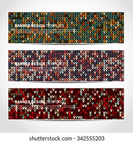 Set of trendy Christmas vector banners template or website headers with abstract knitted background. Vector design illustration EPS10