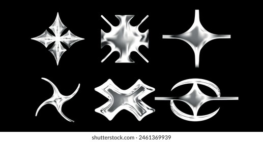 Conjunto de Elementos de metal cromado de moda en estilo y2k. figuras 3d. Formas abstractas de holo líquido. Estilo retro de los años 2000. Ilustración vectorial. Fondo negro
