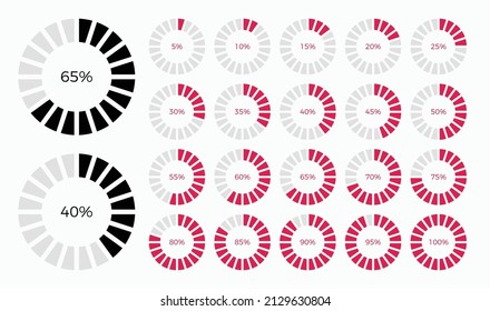 Set of trendy circle info graphic pie chart diagrams design elements with percentages. Dashboard elements, percentage meter, business info graphic design.