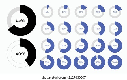 Set of trendy circle info graphic pie chart diagrams design elements with percentages. Dashboard elements, percentage meter, business info graphic design.