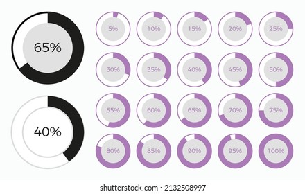 Set of trendy circle info graphic pie chart diagrams design elements with percentages. Dashboard elements, percentage meter, business info graphic design.
