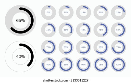 Set of trendy circle info graphic pie chart diagrams design elements with percentages. Dashboard elements, percentage meter, business info graphic design.