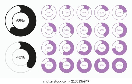 Set of trendy circle info graphic pie chart diagrams design elements with percentages. Dashboard elements, percentage meter, business info graphic design.