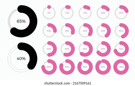 Set of trendy circle info graphic pie chart diagrams design elements with percentages. Dashboard elements, percentage meter, business info graphic design.