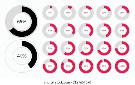 Set of trendy circle infographic pie chart diagrams design elements with percentages. Dashboard elements, percentage meter, business info graphic design.