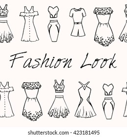 Set of trendy clothes. Fashion look. Summer dress. Vector illustration.