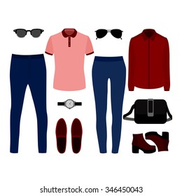Set of  trendy clothes. Outfit of man and woman clothes and accessories. Vector illustration