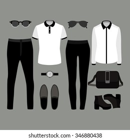 Set of  trendy clothes. Outfit of man and woman clothes and accessories. Vector illustration