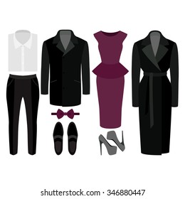 Set of  trendy clothes. Outfit of man and woman clothes and accessories. Vector illustration