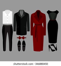 Set of  trendy clothes. Outfit of man and woman clothes and accessories. Vector illustration