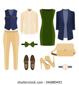 Set of  trendy clothes. Outfit of man and woman clothes and accessories. Vector illustration