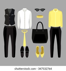 Set of  trendy clothes. Outfit of man and woman clothes and accessories. Vector illustration