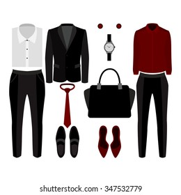Set of  trendy clothes. Outfit of man and woman clothes and accessories. Vector illustration